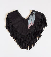 Load image into Gallery viewer, Vintage Pioneer Wear Feather Prints Black Leather Fringe Poncho One Size