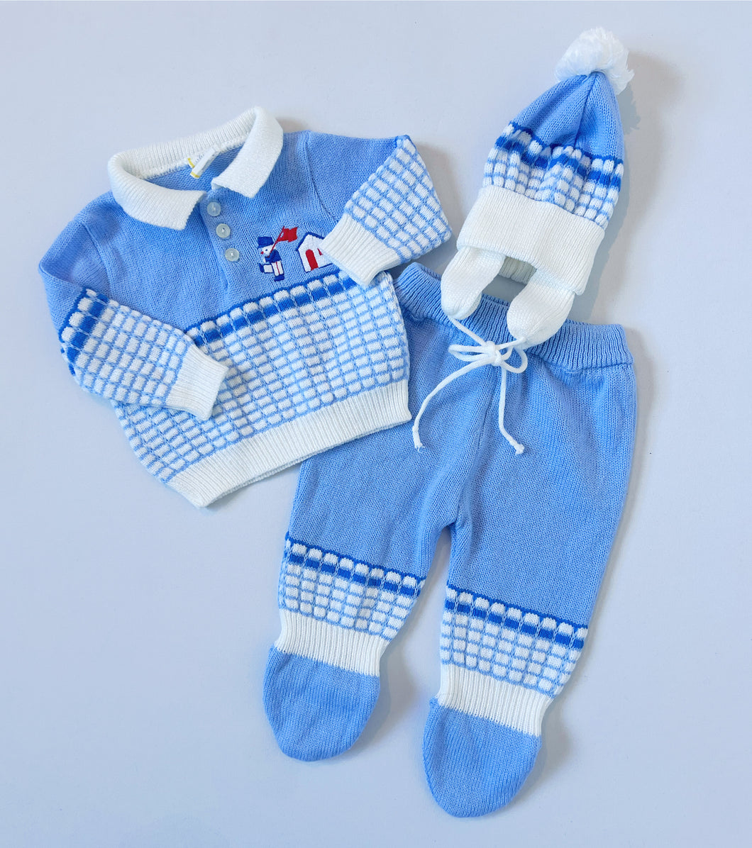 Vintage Pastel Blue Knit Tops, Footie Pants, Beanie Set 3M (55-60cm)