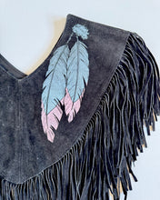 Load image into Gallery viewer, Vintage Pioneer Wear Feather Prints Black Leather Fringe Poncho One Size
