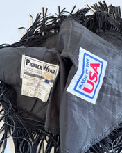 Load image into Gallery viewer, Vintage Pioneer Wear Feather Prints Black Leather Fringe Poncho One Size
