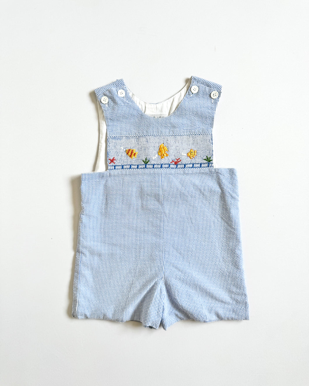 USED Fish Embroidery Jon Jon Rompers Plaids 3T (95cm)