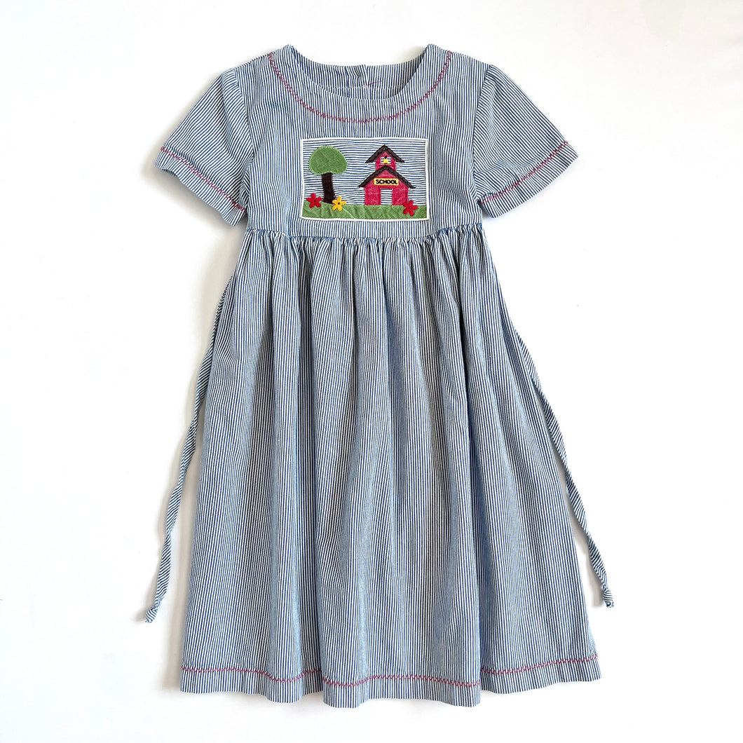 Vintage Cotton Originals Hickory Striped/School Appliqué Smocked Dress 6 (120cm)