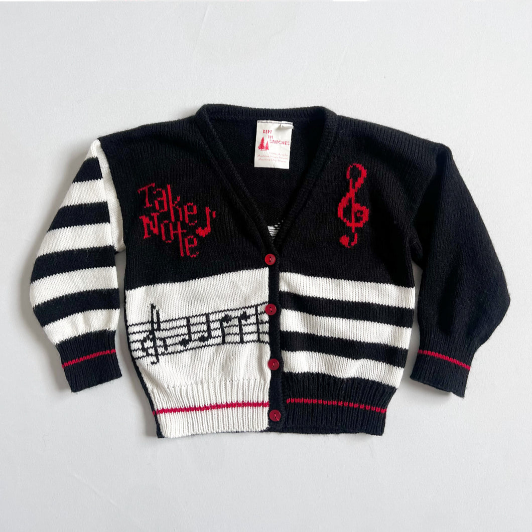 Vintage Musical Note Knit Cardigan Black/White 2T (90cm)