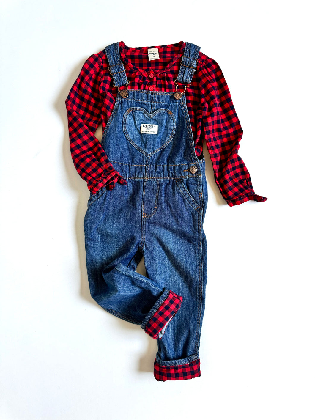 USED OshKosh B’gosh Plaid Blouse & Denim Overall Set 3T (95cm)