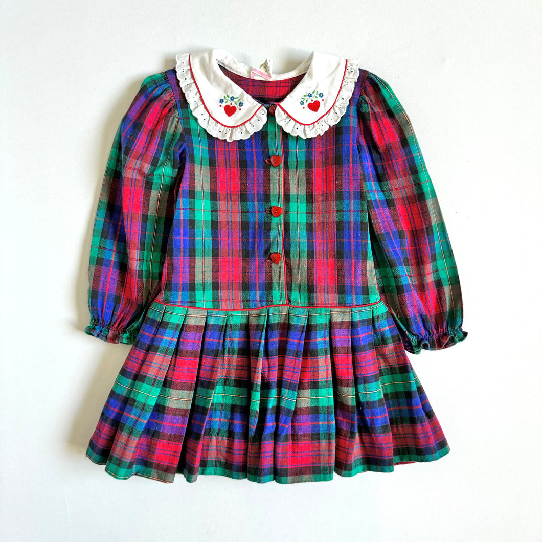 Vintage Heart Embroidered Plaids Dress 4T (100cm)