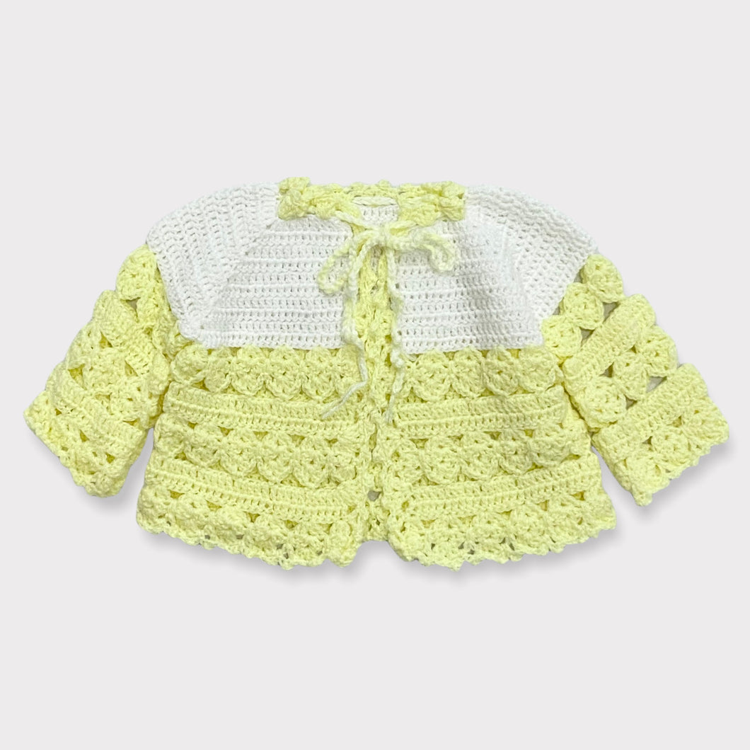 Vintage Hand Knitted Crochet Sweater Cardigans Pastel Yellow/White  0-6M