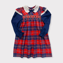 Load image into Gallery viewer, Vintage Polly Flinders Red/Navy Blue Plaid Smocked Dress 6T (110cm)
