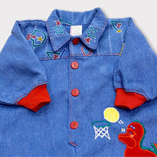 Load image into Gallery viewer, Vintage Basketball Dinosaur Appliqué Denim Oversized Jumpsuit 3-6M
