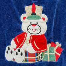 Load image into Gallery viewer, Vintage Bear Appliqué Blue Velour Holiday Rompers 6-9M
