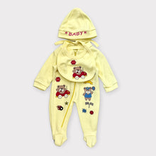 Load image into Gallery viewer, Vintage Bear Footie Jumpsuit, Hat and Bib Set Newborn 50-60cm
