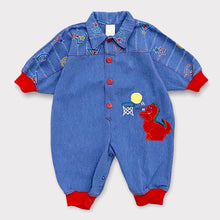 Load image into Gallery viewer, Vintage Basketball Dinosaur Appliqué Denim Oversized Jumpsuit 3-6M
