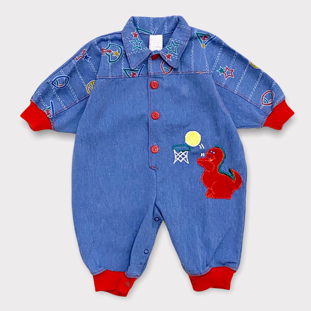 Vintage Basketball Dinosaur Appliqué Denim Oversized Jumpsuit 3-6M