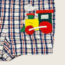 Load image into Gallery viewer, Seersucker Plaids Train Embroidered Smock Jon Jon Rompers 6-9M
