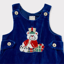 Load image into Gallery viewer, Vintage Bear Appliqué Blue Velour Holiday Rompers 6-9M
