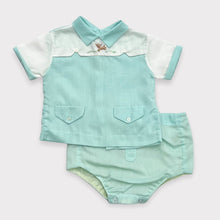 Load image into Gallery viewer, Vintage ‘60s Retro Fawn Embroidery Shirts and Diaper Cover Set Pastel Green 6-12M (60-75cm)
