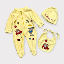 Load image into Gallery viewer, Vintage Bear Footie Jumpsuit, Hat and Bib Set Newborn 50-60cm
