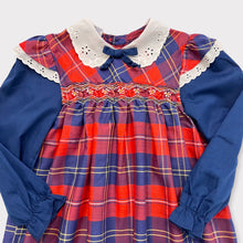 Load image into Gallery viewer, Vintage Polly Flinders Red/Navy Blue Plaid Smocked Dress 6T (110cm)
