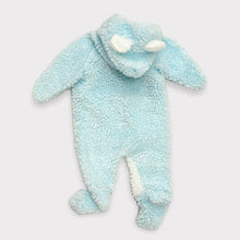 Load image into Gallery viewer, Vintage Cuddle Time Bear Appliqués Boa Hoodie &amp; Footie Coveralls Pastel Blue 0-6M
