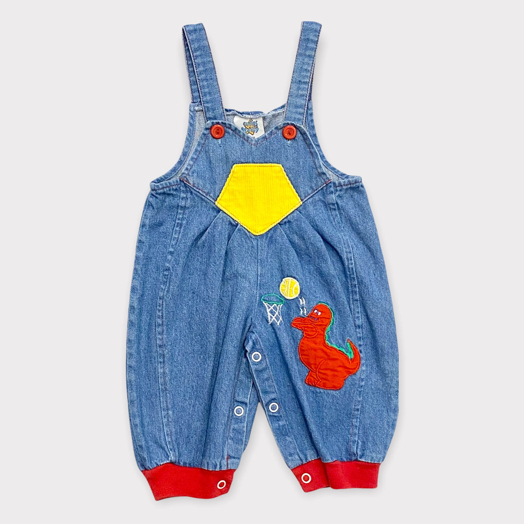 Vintage Cuties By Judy Dinosaur/Basketball Appliqué Denim Overalls 3-6M