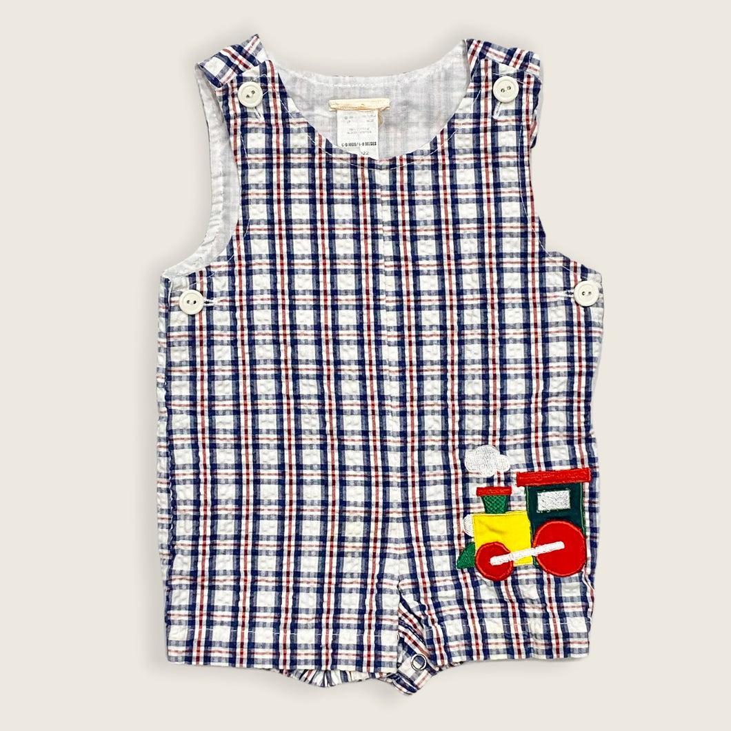 Seersucker Plaids Train Embroidered Smock Jon Jon Rompers 6-9M