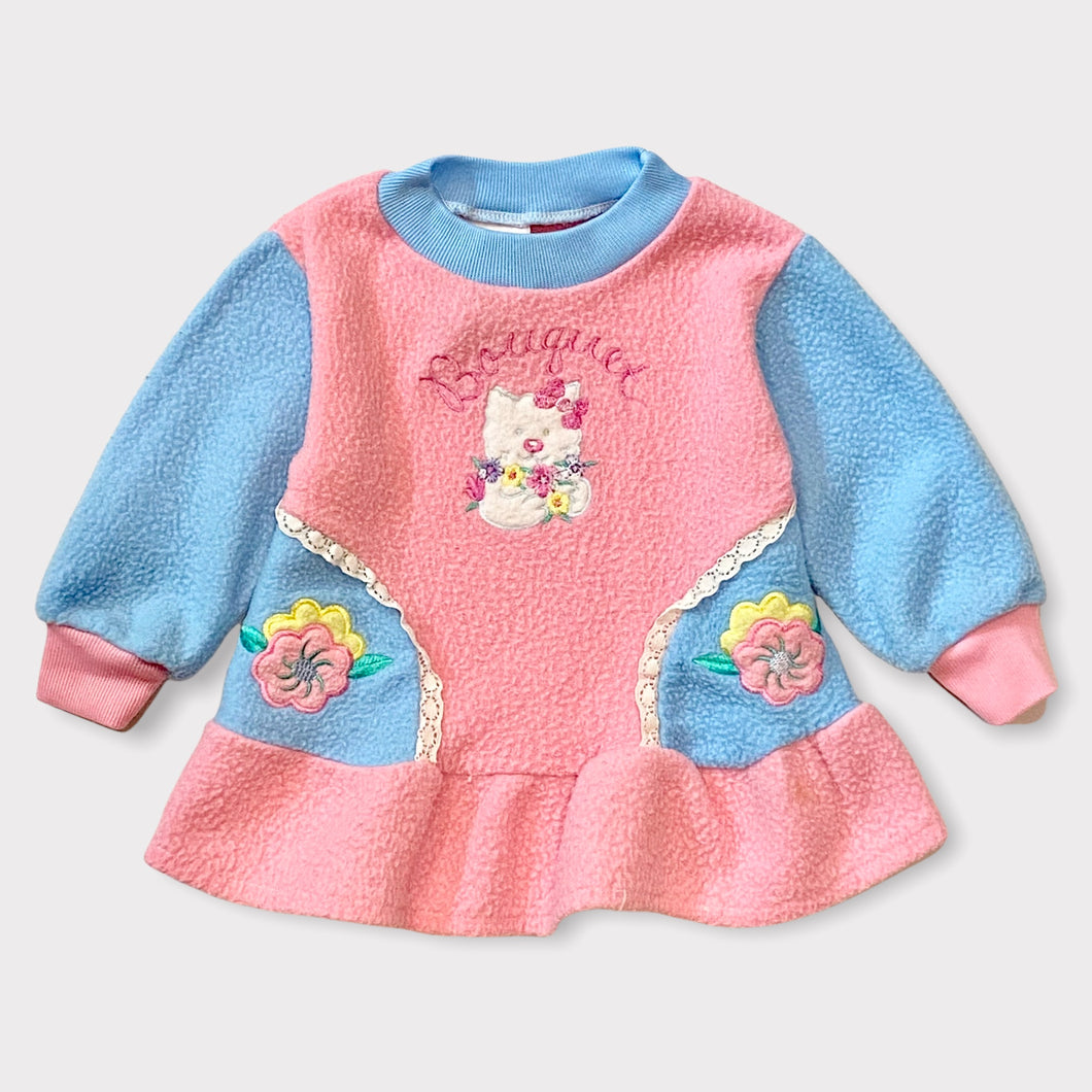 Vintage Kitten & Flower Appliqué Fleece Dress 12M