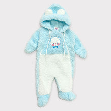 Load image into Gallery viewer, Vintage Cuddle Time Bear Appliqués Boa Hoodie &amp; Footie Coveralls Pastel Blue 0-6M
