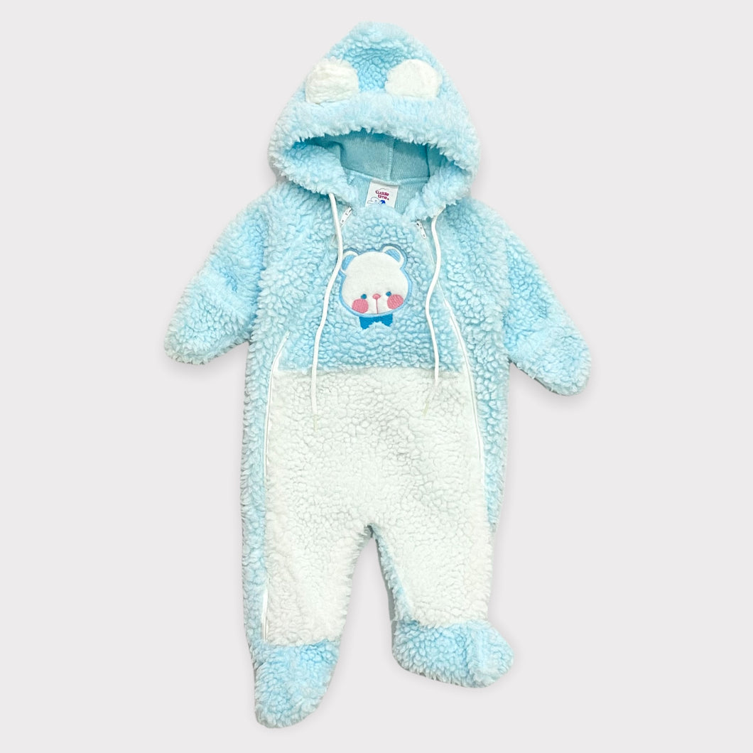 Vintage Cuddle Time Bear Appliqués Boa Hoodie & Footie Coveralls Pastel Blue 0-6M