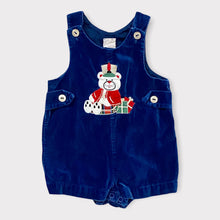 Load image into Gallery viewer, Vintage Bear Appliqué Blue Velour Holiday Rompers 6-9M
