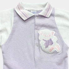 Load image into Gallery viewer, Vintage Gerber Kitten Appliqué Sweatcoveralls Pastel Purple 0-6M
