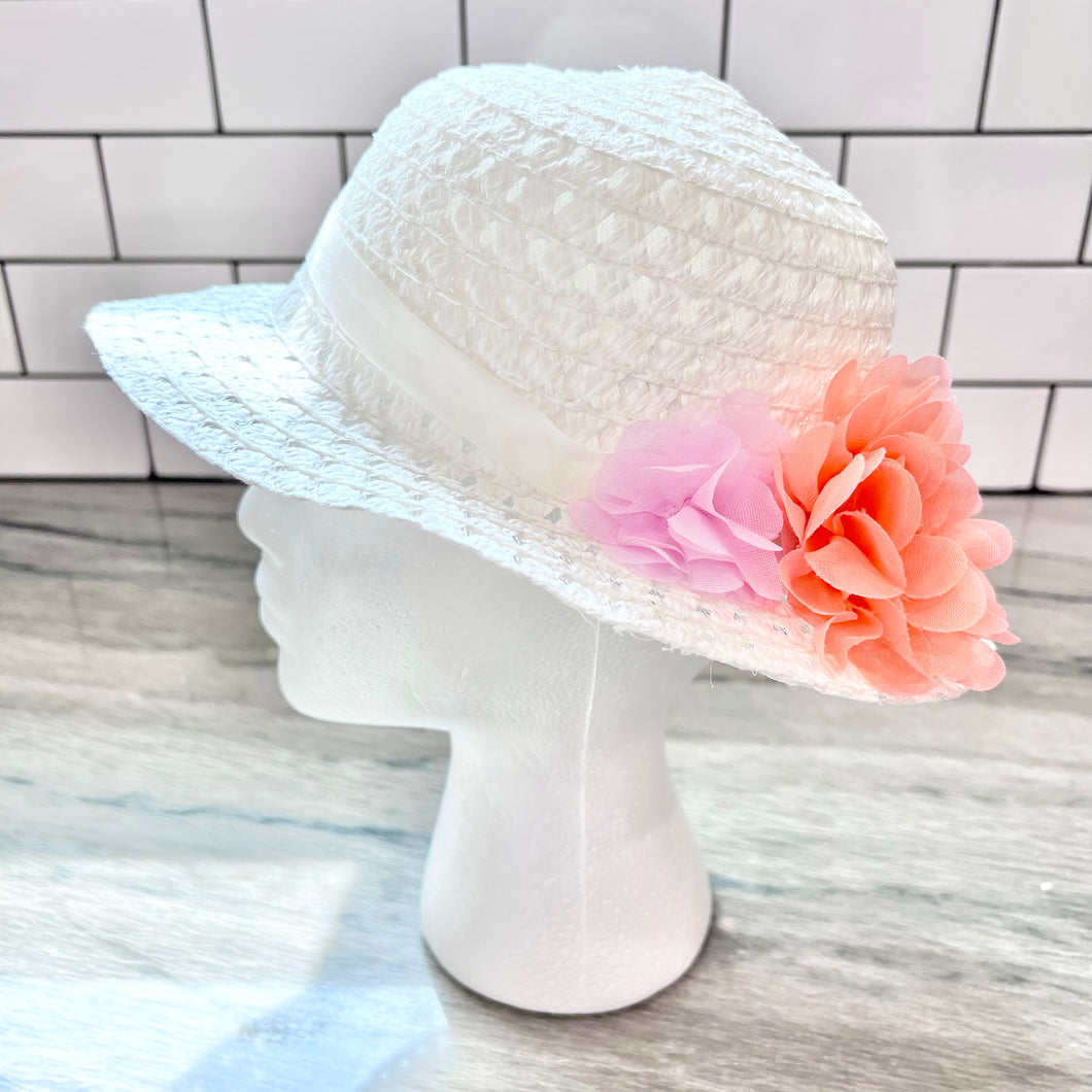 Vintage Girl’s Straw Hat White/Pink Flowers Toddler