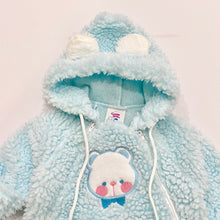 Load image into Gallery viewer, Vintage Cuddle Time Bear Appliqués Boa Hoodie &amp; Footie Coveralls Pastel Blue 0-6M
