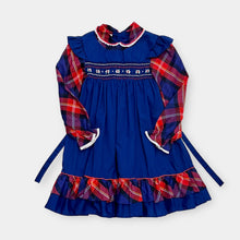 Load image into Gallery viewer, Vintage Polly Flinders Navy Blue/Red Plaid Apron Tieback Dress 6X (120cm)
